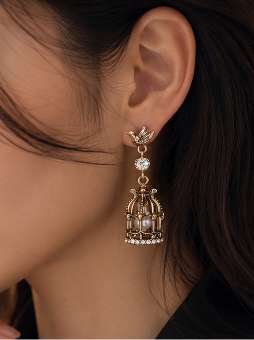 Vintage Gold Bird Pearl Earrings with Crystal Birdcage Charm - Picture 6 of 7